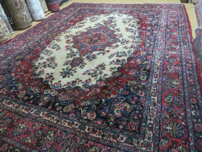 9x12 Persian Sarouk Rug - Semi Open Field Medallion Rug - Ivory Red Blue Hand Knotted Wool Oriental Carpet 9 x 12 Antique Rug - Vegetable Dyes