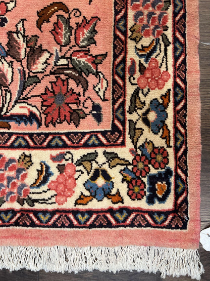 Persian Runner Rug 2.9 x 13.6, Semi Antique Vintage Persian Sarouk Hallway Rug, Wool Oriental Runner, Salmon and Cream, Floral Allover Hand Knotted