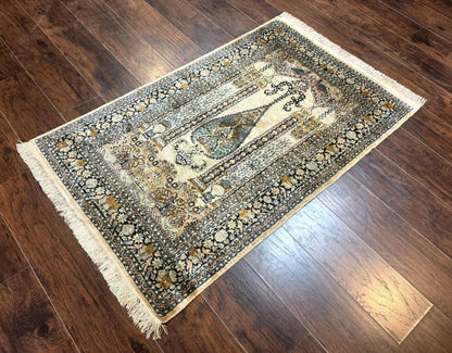 Silk Indian Kashmiri Rug 3x4, Very Fine 400 KPSI, Silk Prayer Rug, Handmade