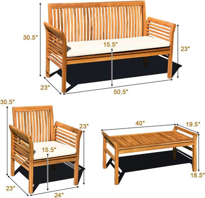 Outdoor Acacia Wood 4 Piece Sofa Set With Water Resistant Cushions Coffee Table
