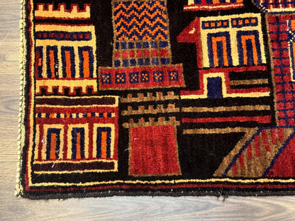 Balouch Rug 3x5, City Pictorial, Afghan Rug
