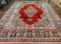 Persian Sarouk Rug 11x14, Semi Open Field, Large Antique Persian Wool Handmade Carpet, Red and Dark Blue, Floral