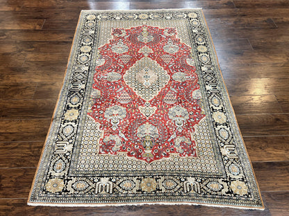 Wonderful Persian Silk Rug 5x7, Birds Floral Vases, Red, Hand Knotted Silk Fine Oriental Carpet, Handmade Vintage, Persian Qum Rug, 400 KPSI