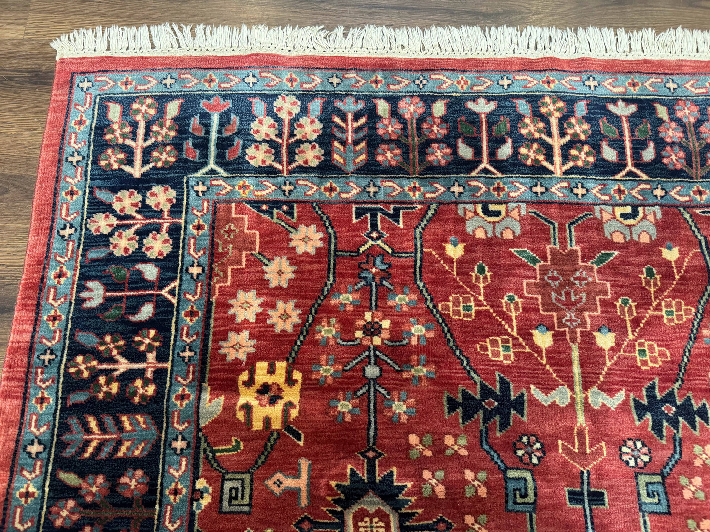 Indo Persian Heriz Serapi Rug 6x8, Rust Red and Navy Blue, Allover Pattern