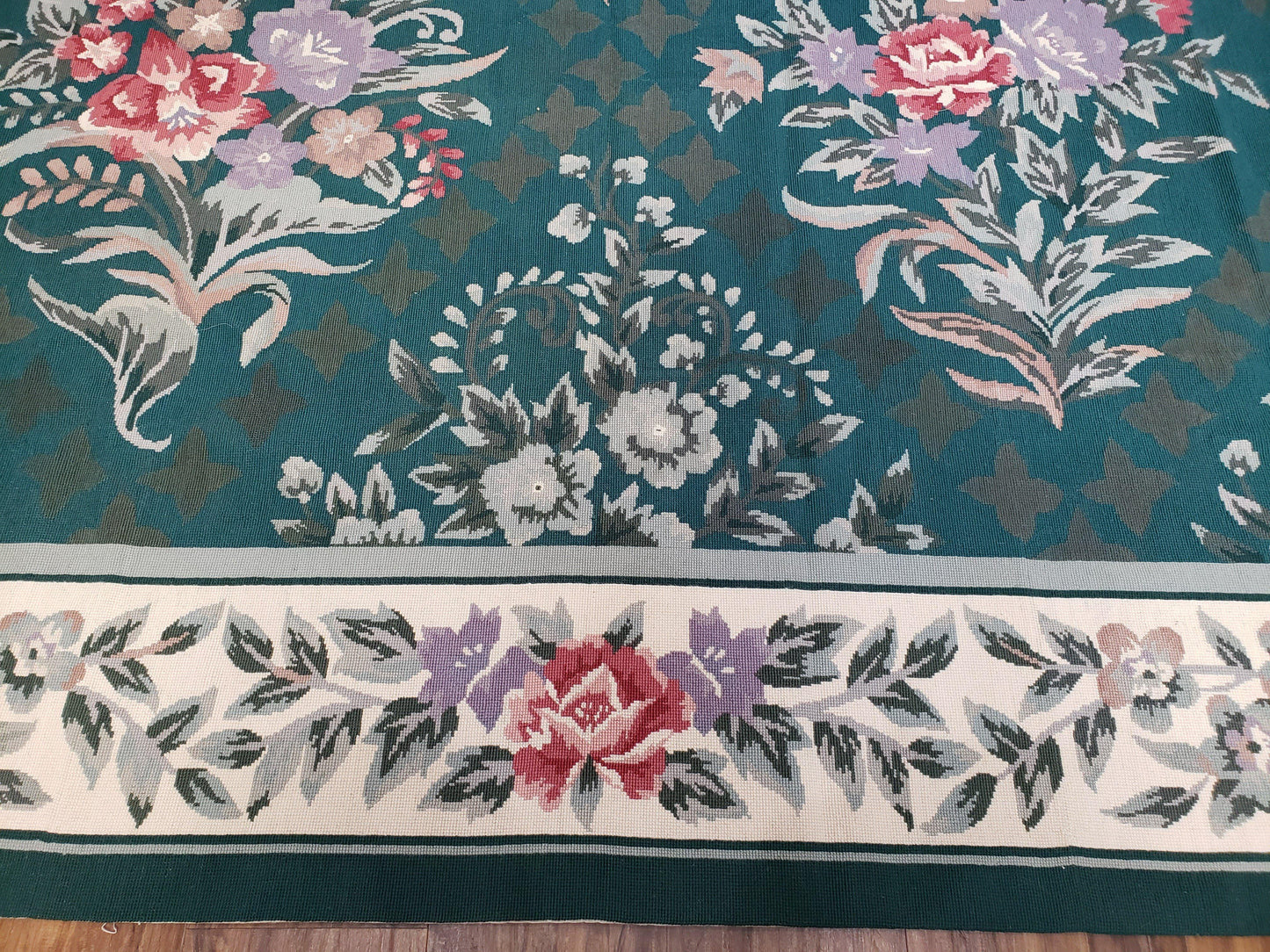 Chinese Needlepoint Rug 8x10, Vintage Green Area Rug, Hand-Woven Flatweave Floral European Design Carpet Wool Handmade 8x 10 Living Room Rug