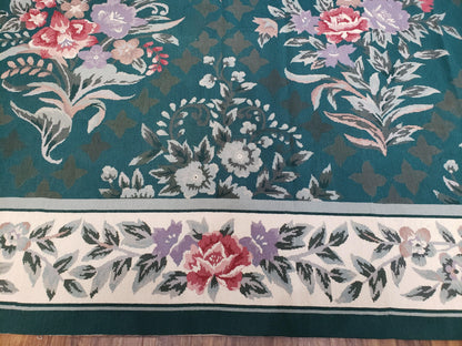 Chinese Needlepoint Rug 8x10, Vintage Green Area Rug, Hand-Woven Flatweave Floral European Design Carpet Wool Handmade 8x 10 Living Room Rug