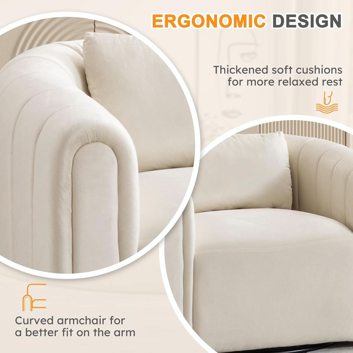 Beige Velvet Barrel Swivel Chair With LumbarPillow