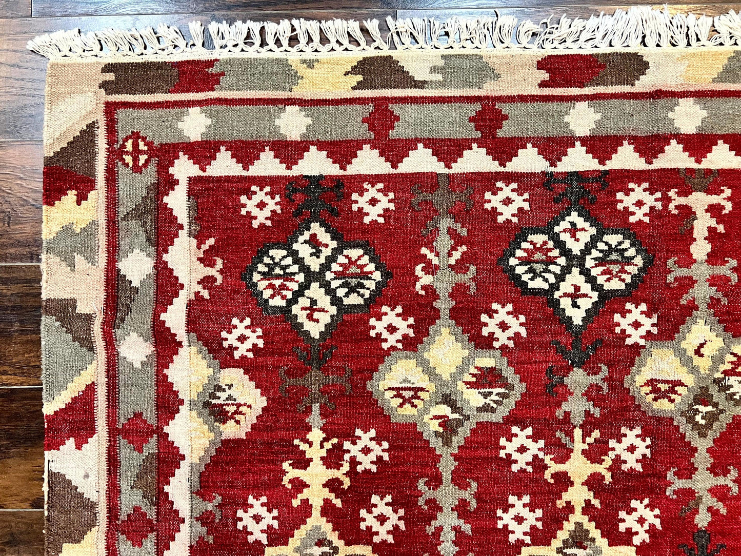 Indian Kilim Rug 6x6, Square Kilim Flatweave Carpet, Vintage Handmade Wool Rug, Red