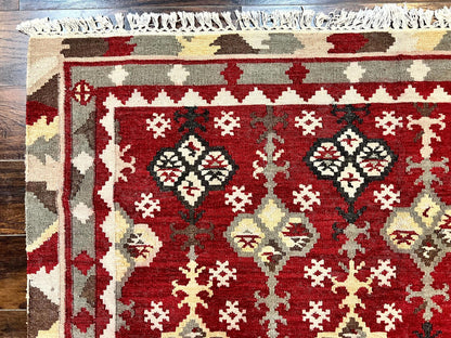 Indian Kilim Rug 6x6, Square Kilim Flatweave Carpet, Vintage Handmade Wool Rug, Red