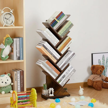 8 Tier Tree Bookshelf Floor Standing Bookcase For Books CDs Rustic Wood