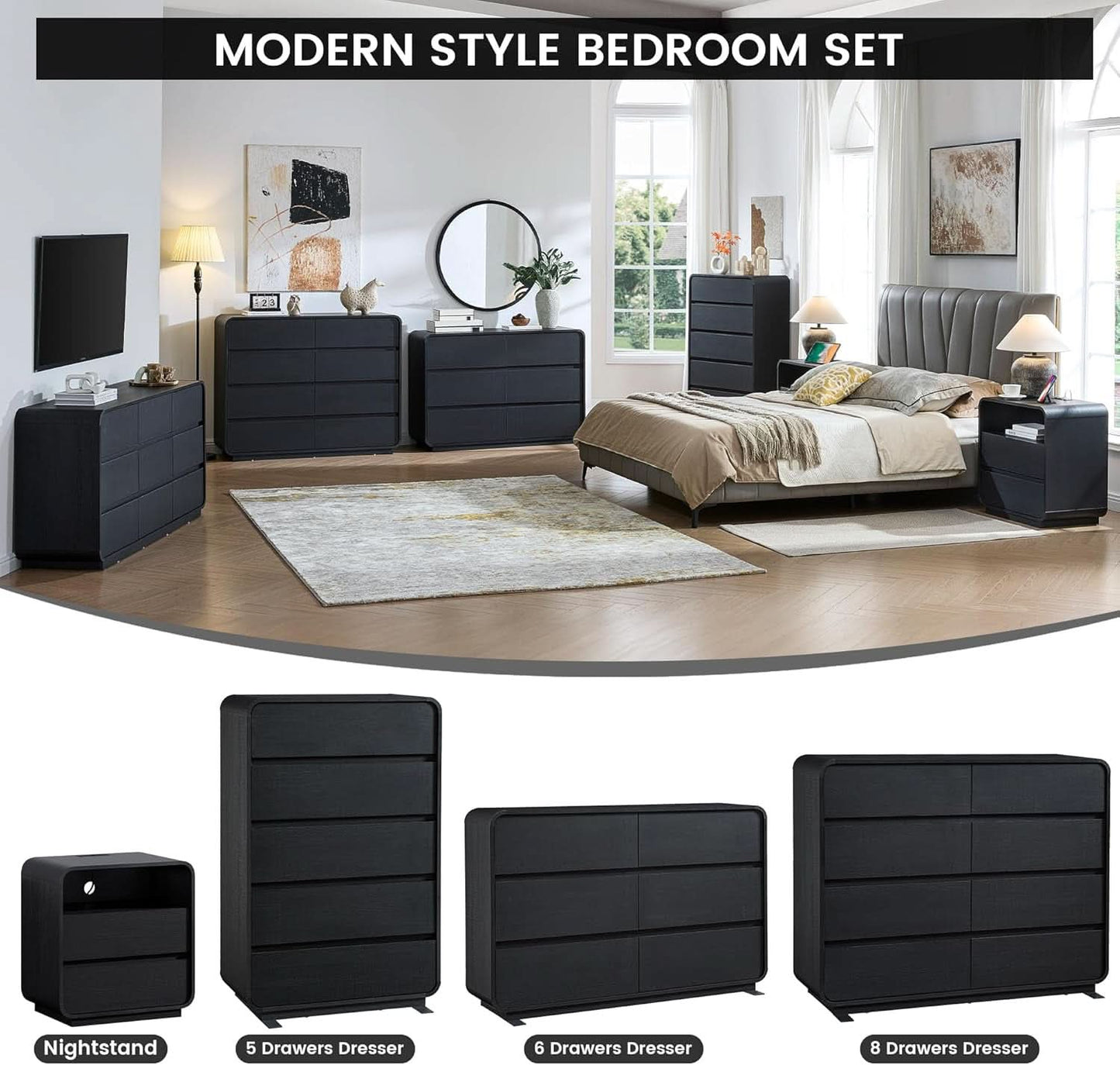 Black Hardwood Dresser With Curved Front Storage Panel