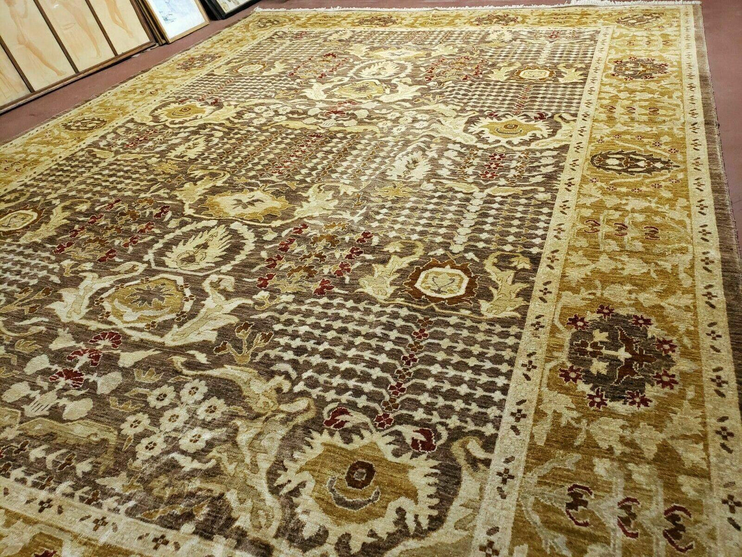 10' X 14' Handmade Pak Peshavar Chobi Agra Wool Carpet Coffee Brown Gold
