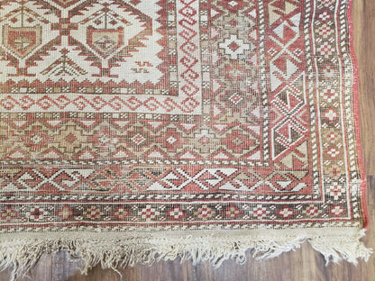 Antique Caucasian Shirvan Rug 4x6, Dagestan Area Rug, Wool Hand-Knotted Soft Red & Ivory 1920s Oriental Carpet, Soft Muted Colors