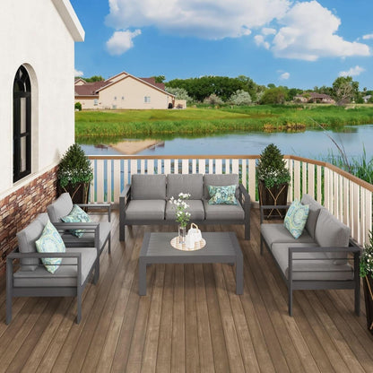 Aluminum Patio Furniture Set Seven Seat Outdoor Conversation Grey Cushions