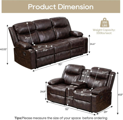 Brown Recliner Sofa Set With Massage And Heat 2 Piece