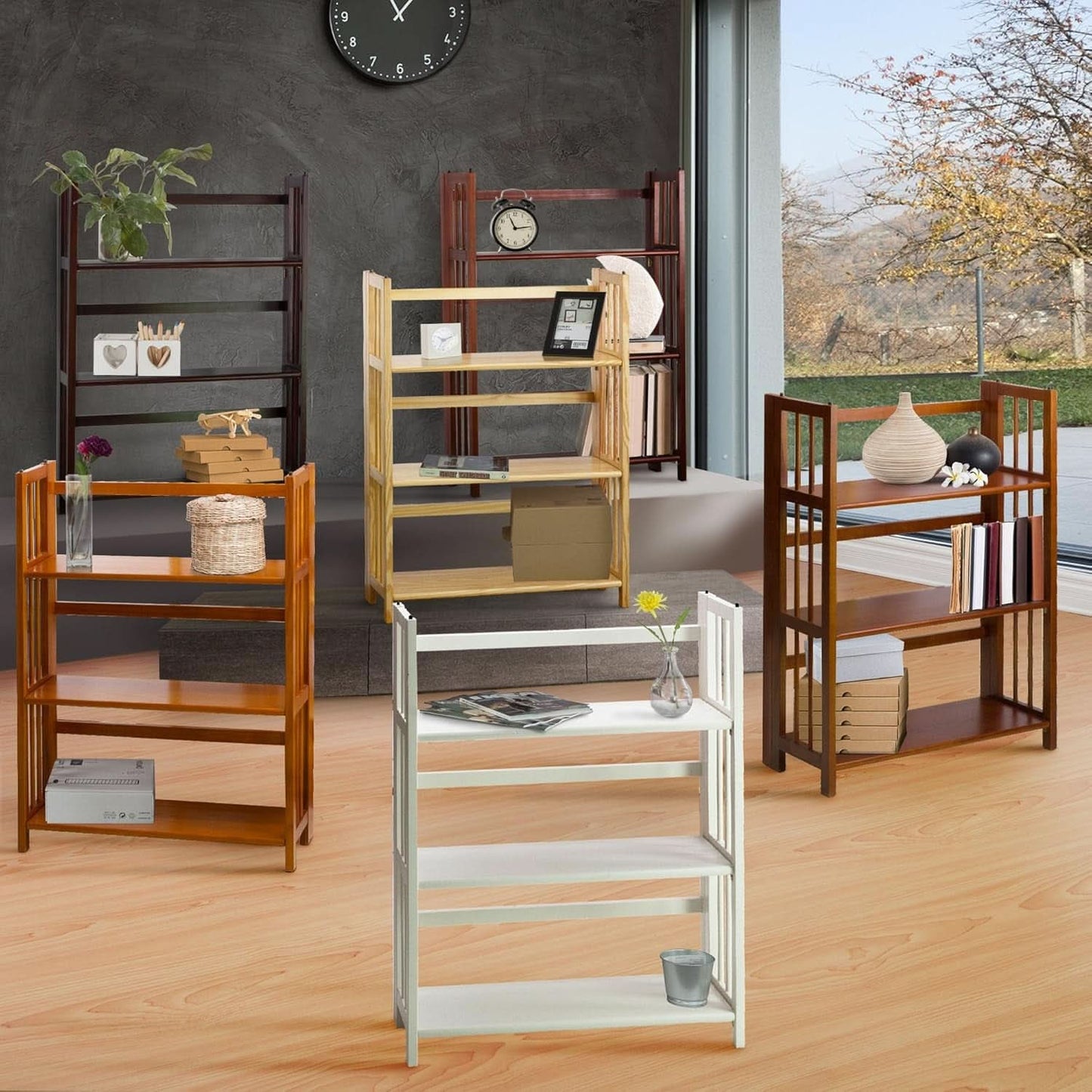 Three Shelf Folding Stackable Bookcase 27.5 Inch Wide Espresso Wood Home Office Storage