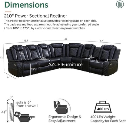 Power Recliner Sectional Sofa Black With LED Lights
