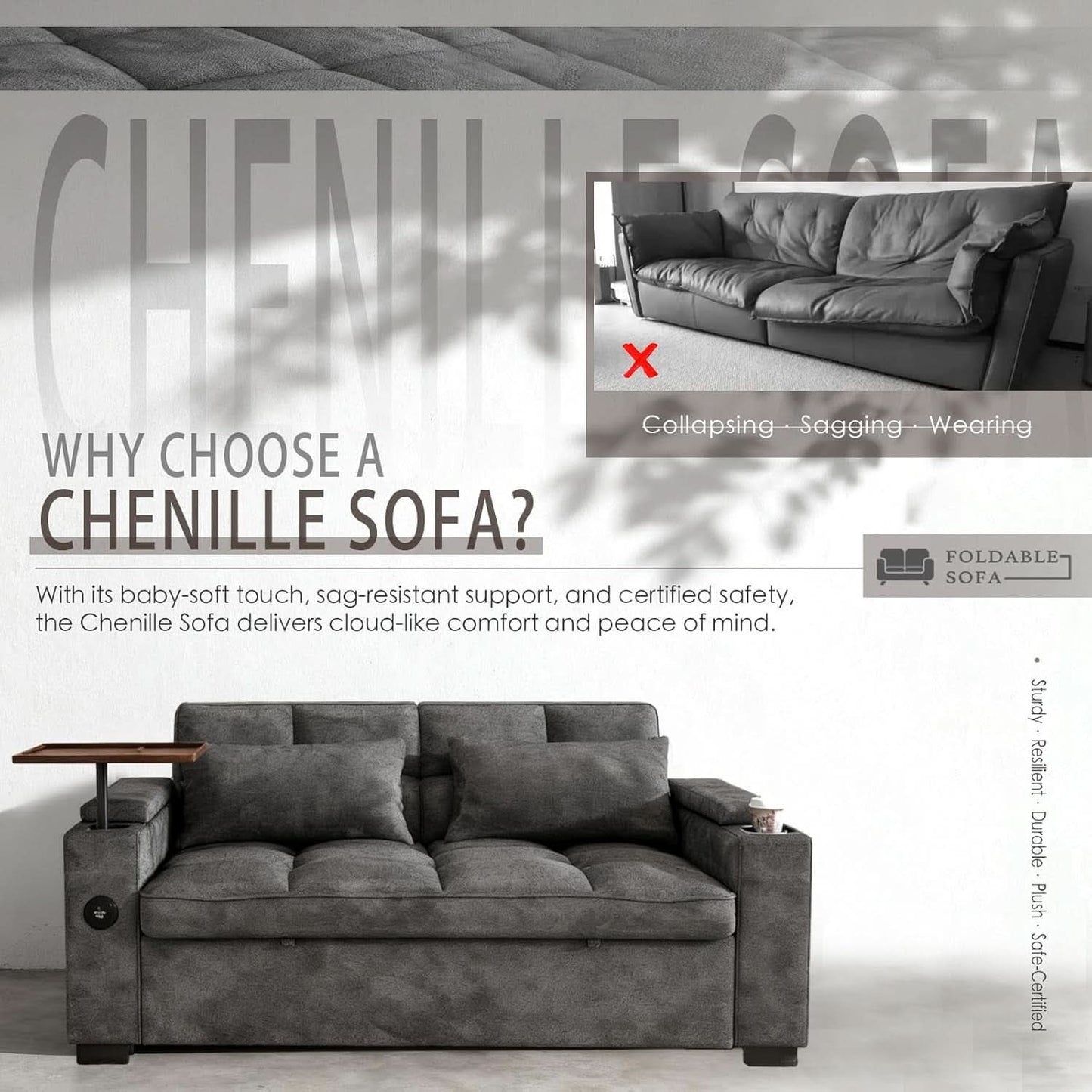 65Inch Grey Chenille Convertible Sleeper Sofa Table