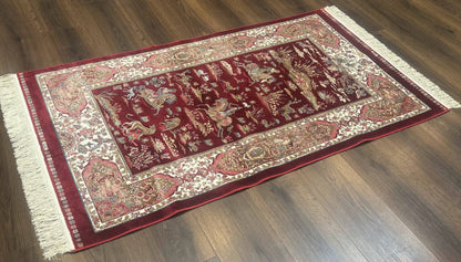 Turkish Silk Rug 3x5, Hunting Design, Dark Red & Ivory, Bamboo Silk, New