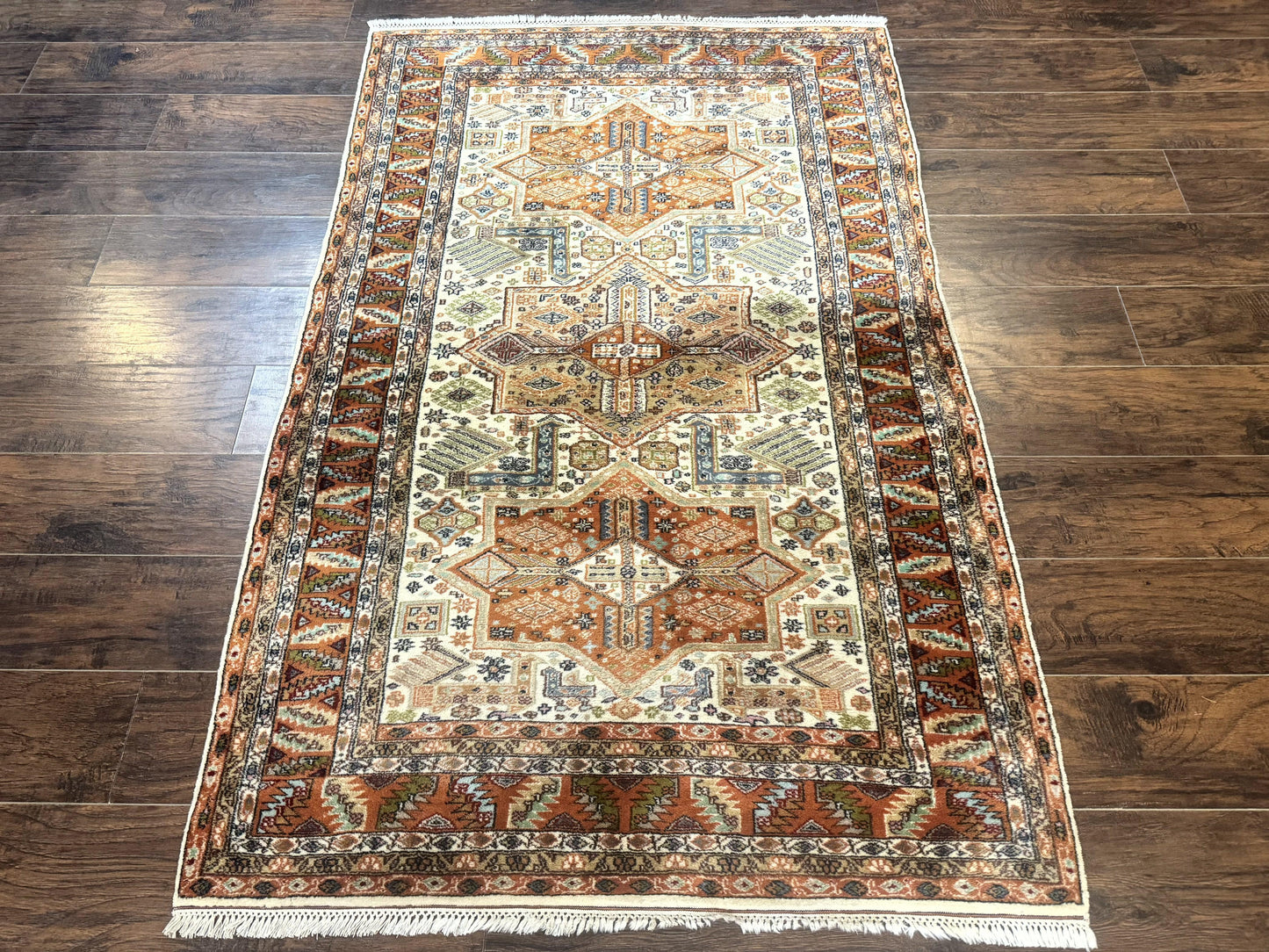 Turkish Kazak Rug 4x6, Geometric Medallions, Vintage Handmade Wool Carpet