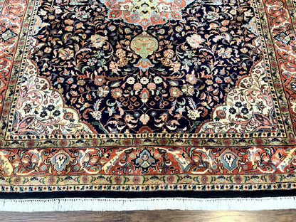 Indo Persian Rug 8x10, Midnight Blue & Red, Handmade Vintage Wool Carpet, Floral Medallion
