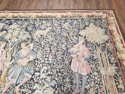Vintage European Tapestry 5.4 x 7.11, Antique Style European Wall Hanging, Aubusson Weave Handmade Tapestry, Courtship Dating Scene, Animals