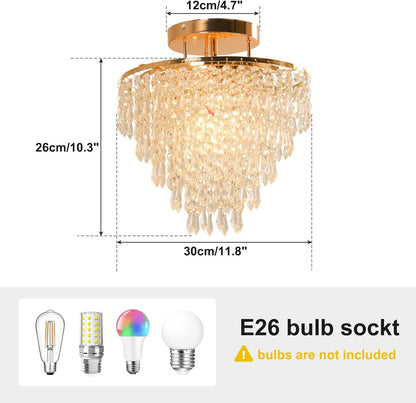 Gold Crystal Flush Mount Chandelier 30cm Ceiling Light
