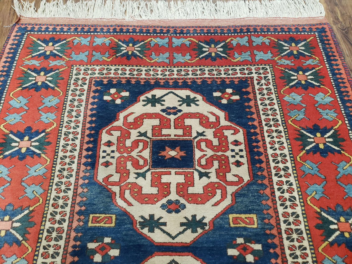Turkish Kazak Rug 5x6 Vintage Handmade Wool Carpet Geometric Blue Red