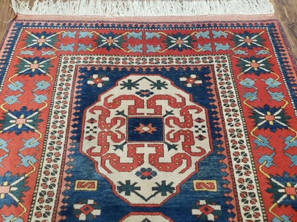 Turkish Kazak Rug 5x6 Vintage Handmade Wool Carpet Geometric Blue Red