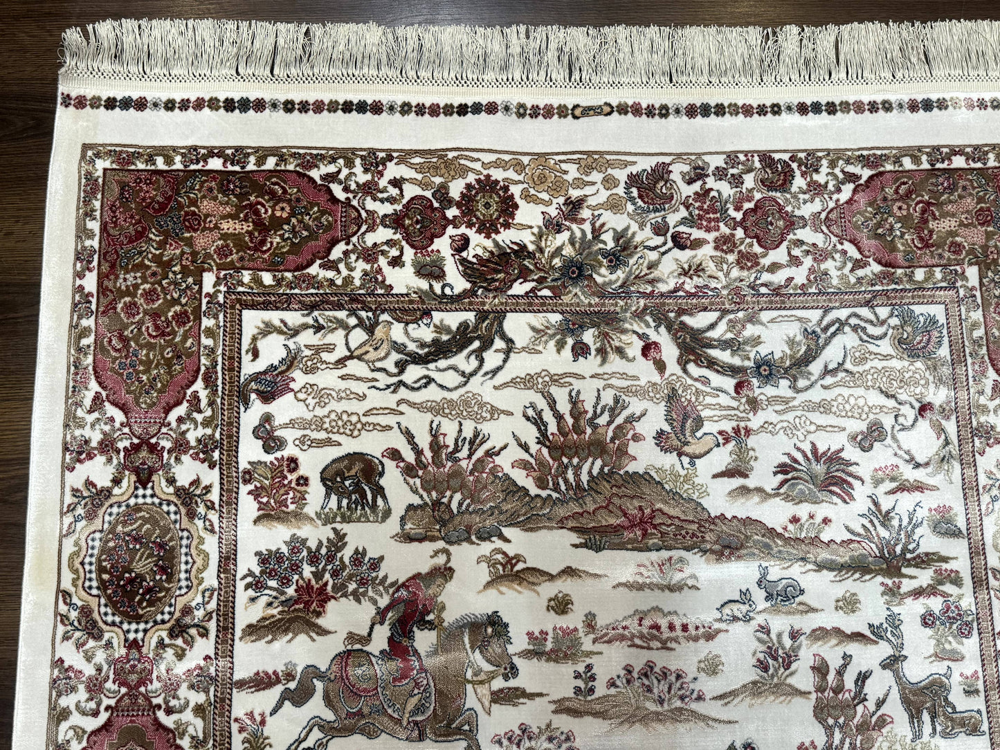 Turkish Silk Hunting Scene Rug 4x6, Ivory, Bamboo Silk, New