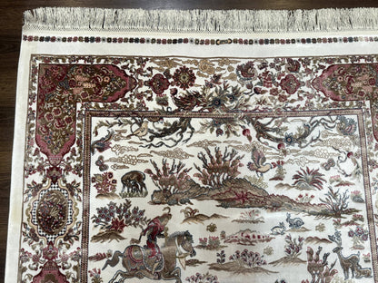 Turkish Silk Hunting Scene Rug 4x6, Ivory, Bamboo Silk, New