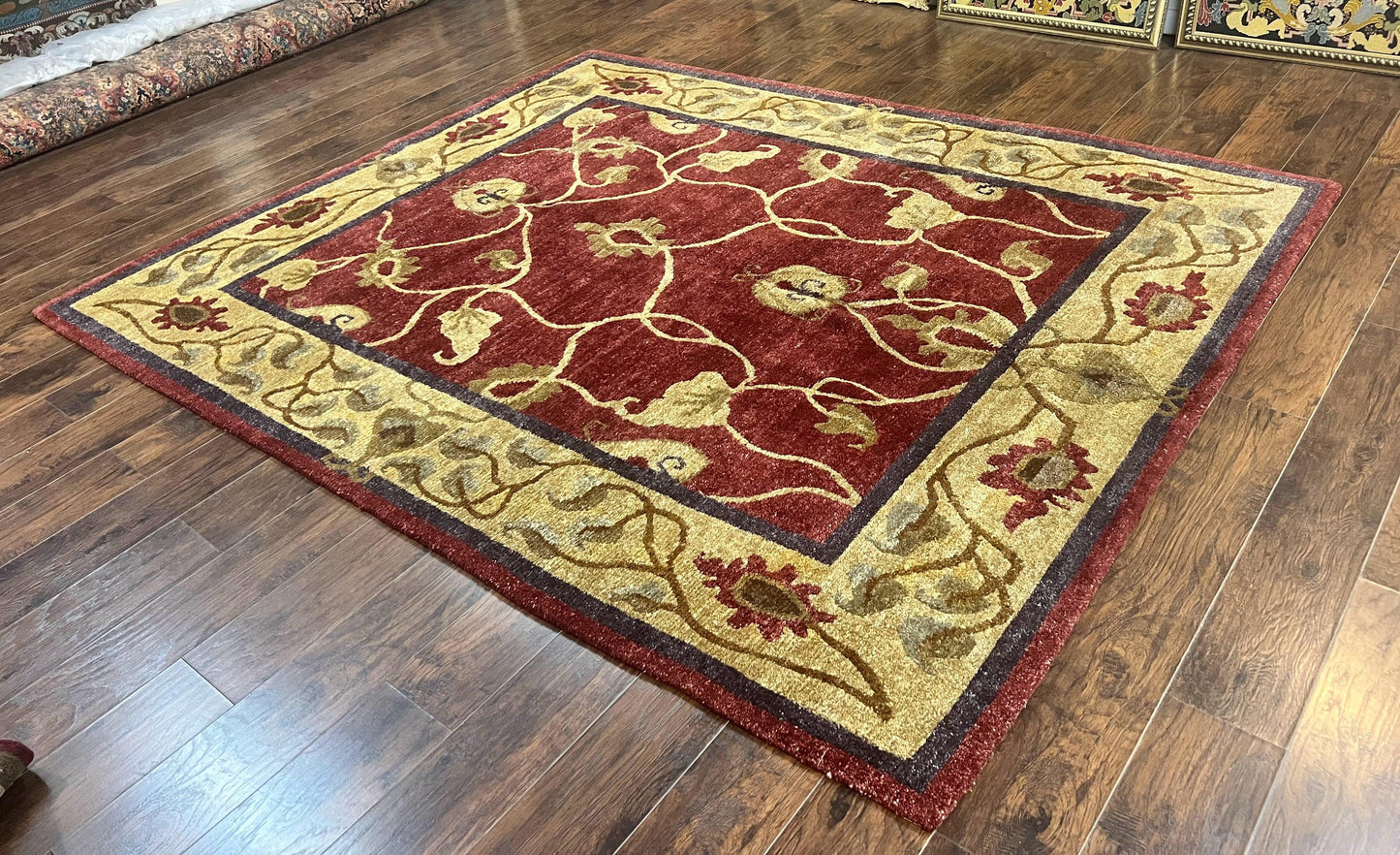 Tibetan Aubusson Rug 8x10, Maroon and Beige, Floral, Handmade, Wool, Vintage, Traditional Rug