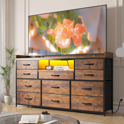 Dresser With 11 Drawers And LED Lights For Bedroom