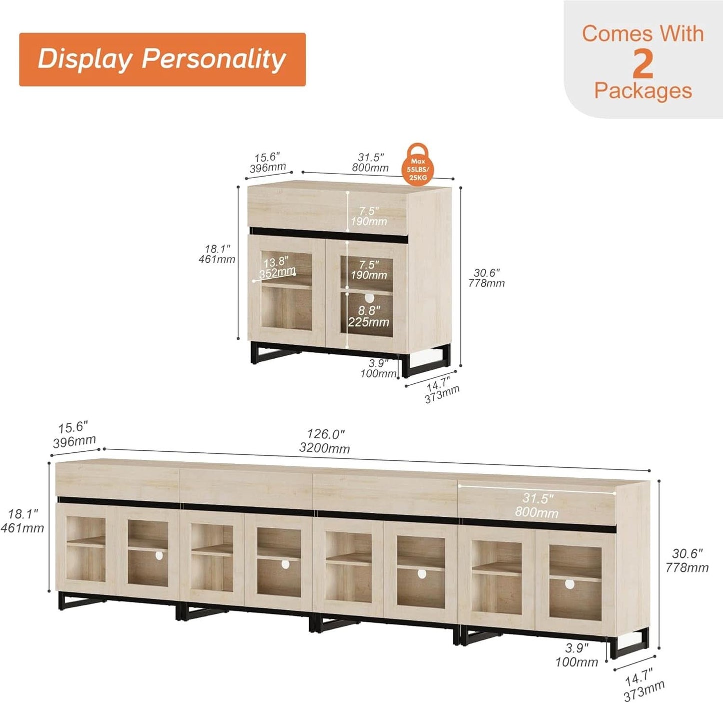 Natural Oak Contemporary Sideboard With Glass Doors