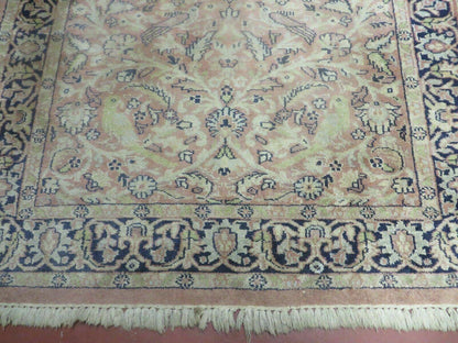 Indian Silk Rug 4x6, Indian Kashmiri Silk Carpet 4 x 6 ft, Vintage Hand Knotted Floral Bird Motifs, Light Pink and Navy Blue, Silk on Cotton