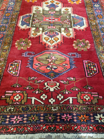 Antique Persian Karajeh Runner Rug 4.4 x 11 ft, Red Colorful Geometric Medallion Runner