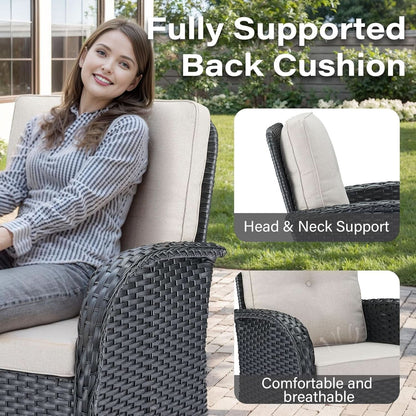 3 Piece Black Wicker Patio Furniture Set With Swivel Rocker Chairs And Side Table Beige Cushions