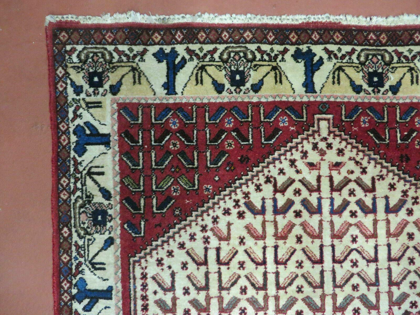 3' X 5' Vintage Handmade India Geometric Oriental Wool Rug Nice Birds Ivory Red