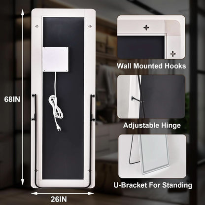 26x68 Inch Full Length Mirror With Lights LED Dimmable 3 Color Floor Standing Or Wall Hanging