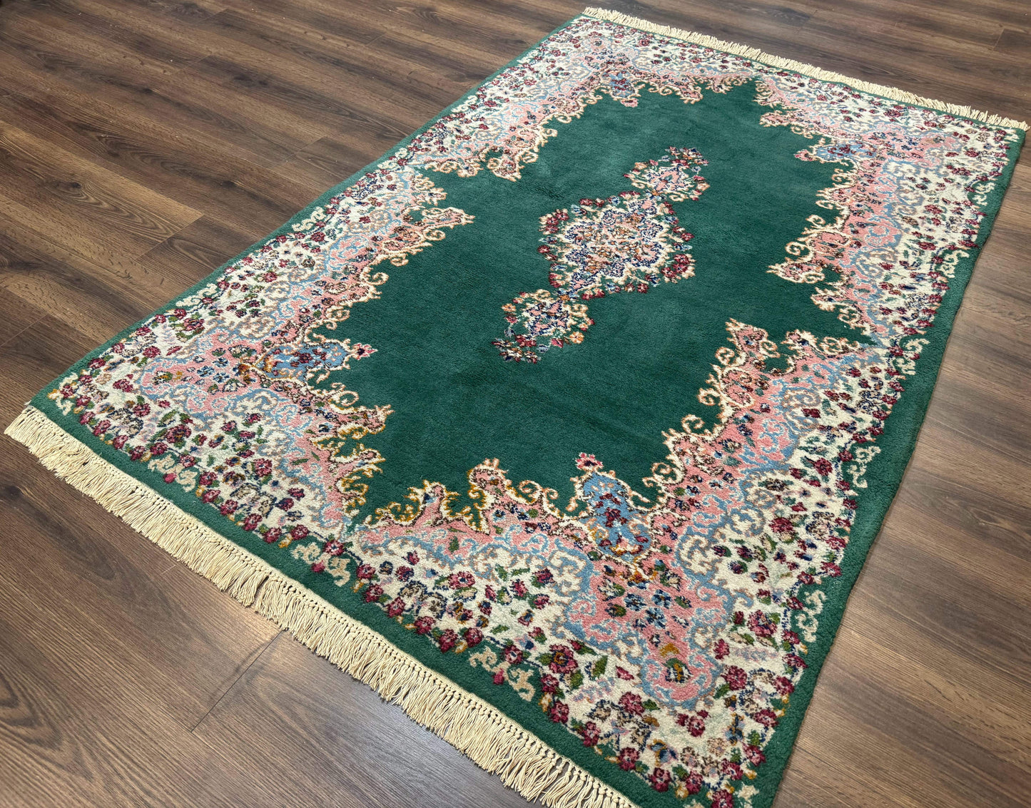 Persian Kerman Rug 4x6, Green Ivory Pink, Wool Vintage, Semi Open Field