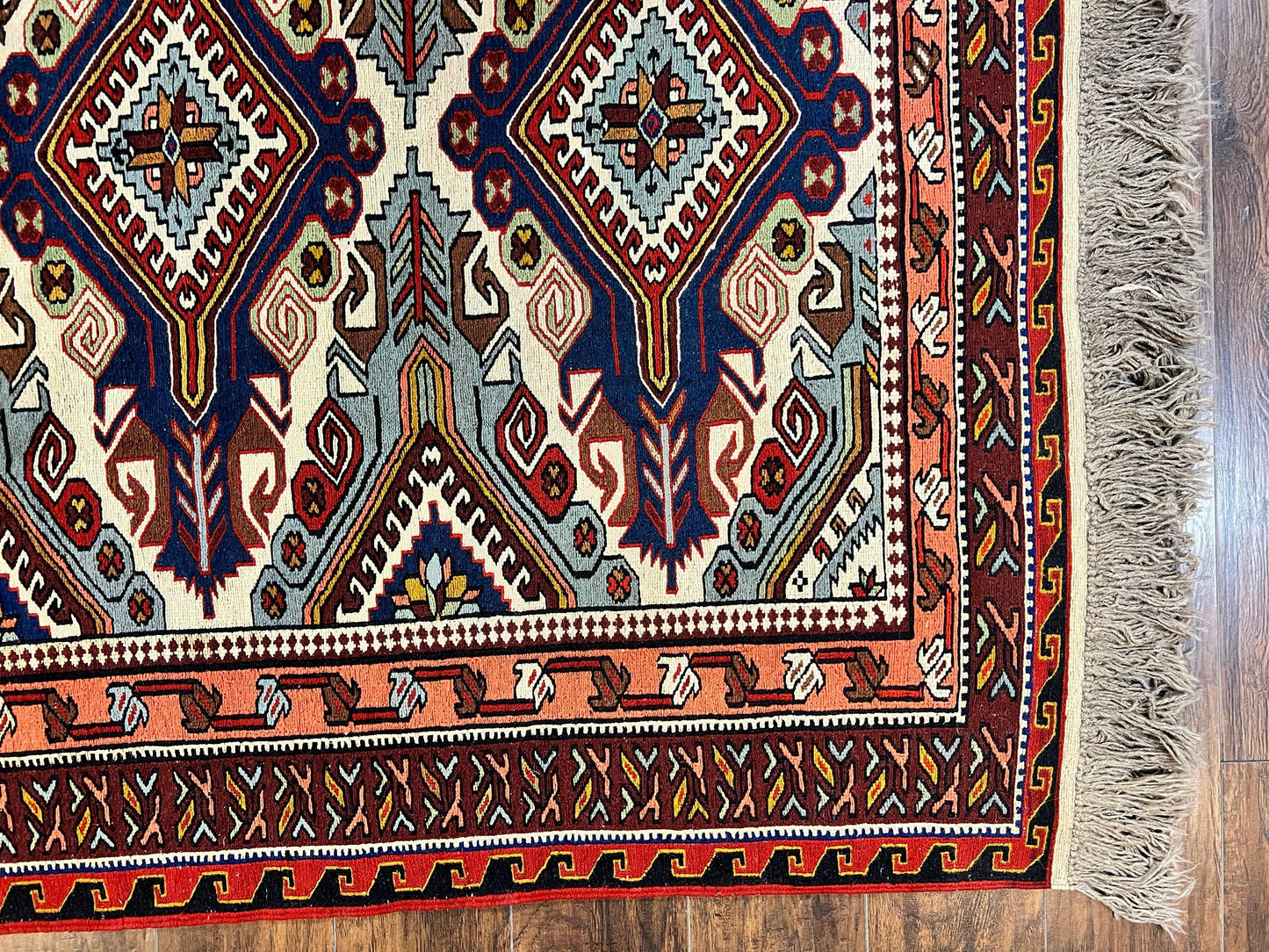 Russian Soumak Rug 6x8, Wool Handmade Antique Kilim Carpet, Multicolor 6 x 8 Geometric Medallions Caucasian Rug, Medium Size