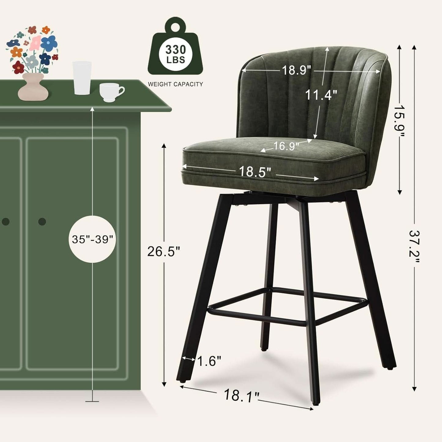 Swivel Counter Height Bar Stools Green Faux Leather