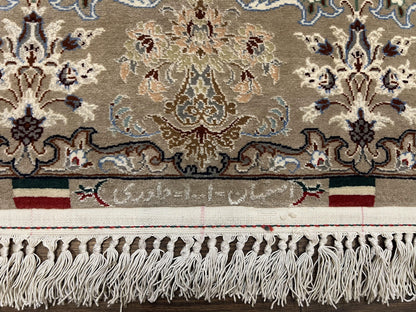 Super Fine Persian Isfahan Rug 3x5 ft, Kork Wool on Silk Foundation, Repeated Floral Motif, Taupe Tan Hand Knotted Oriental Carpet 3 x 5 ft, Signed