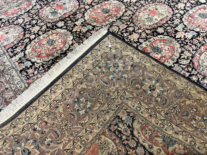 Sino Persian Rug 9x12, Navy Blue and Pink Hand Knotted Wool and Silk Highlights Vintage Oriental Carpet, Handmade Floral Area Rug 9 x 12 ft