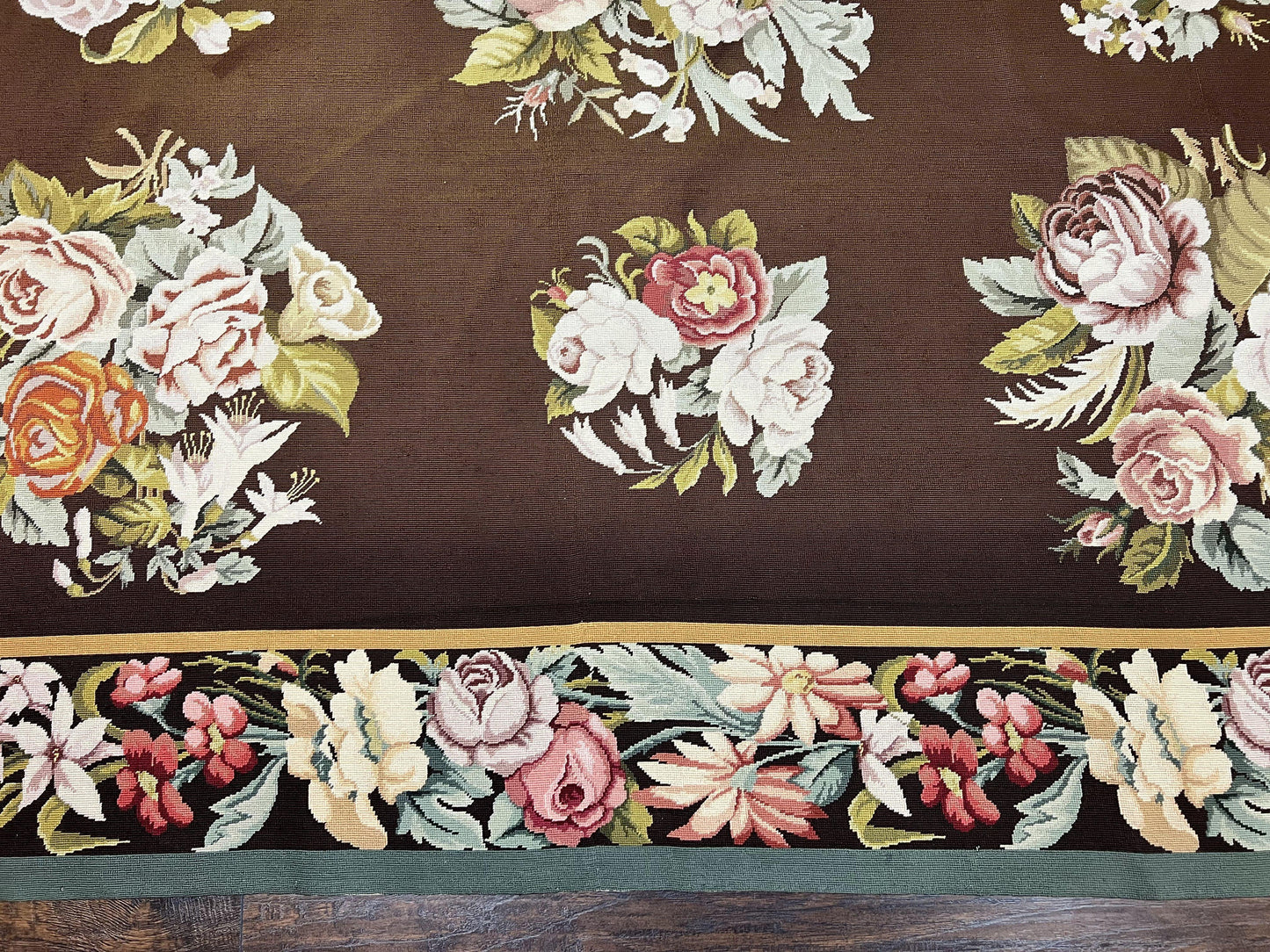 Vintage Needlepoint Rug 9x12, Large Handmade Hand-woven Needlepoint Carpet, Brown Area Rug, Floral Bouquets, Wool Rug, European Design