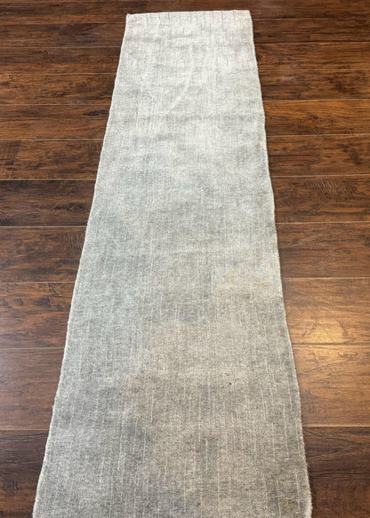 Modern Tibetan Runner Rug 1.9 x 8.6, Wool and Silk Highlights, Gray/Silver, Narrow Runner for Hallway or Kitchen