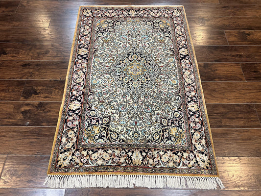 Silk Persian Qum Rug 4x5, Hand Knotted Vintage Carpet, Cream & Navy Blue, Silk Pile on Silk Foundation, Very Fine 360 KPSI