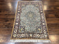 Silk Persian Qum Rug 4x5, Hand Knotted Vintage Carpet, Cream & Navy Blue, Silk Pile on Silk Foundation, Very Fine 360 KPSI