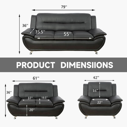 Faux Leather 3 Piece Modern Living Room Sofa Set Black
