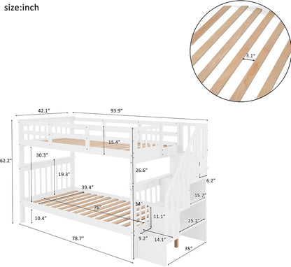 Twin Over Twin Bunk Bed With Stairs Solid Wood White
